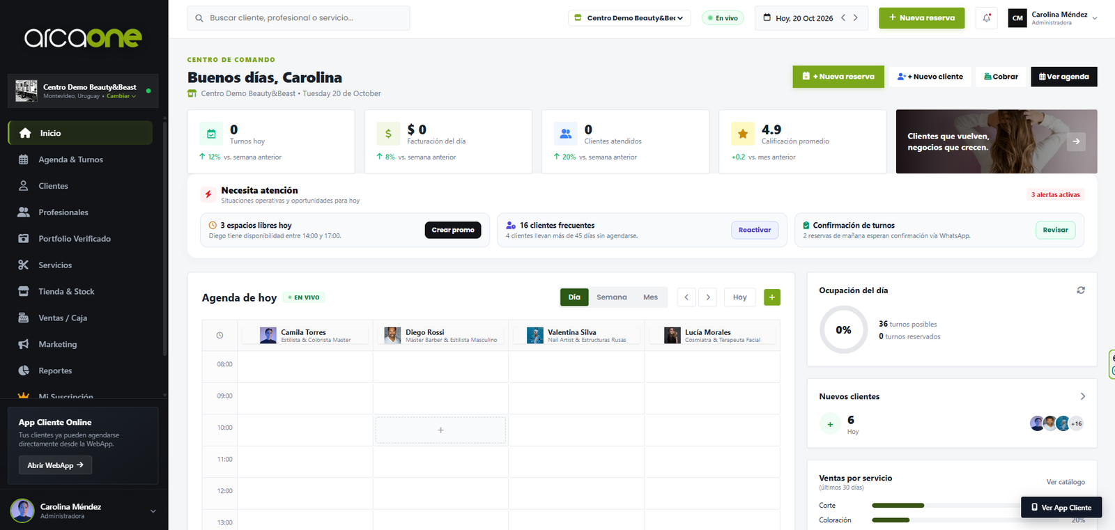ArcaOne Beauty & Beast - Dashboard de gestión y agenda en vivo